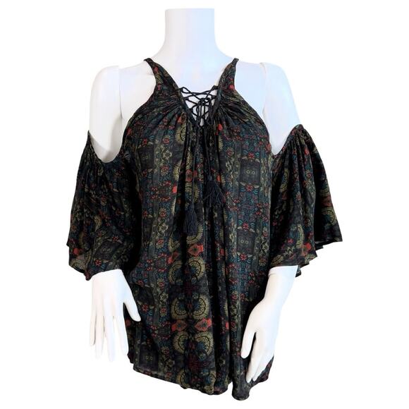 Sea Gypsies Floral Lace Up Cold Shoulder Top SZ L $69 - Picture 2 of 11